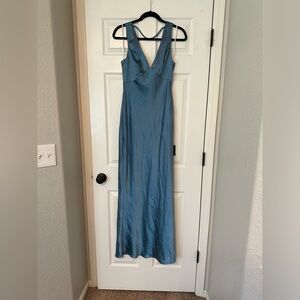 Dusty Blue Satin Cowl Back Floor Length Gown